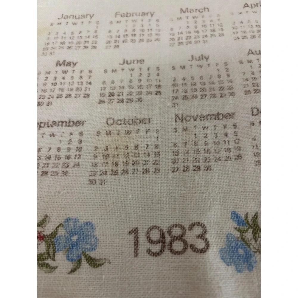Vintage 183 Linen Calendar Tea Towel Floral Blue Red Mid Century Kitchen Decor